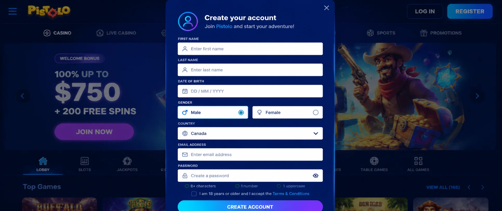 Pagina di login di Pistolo Casino